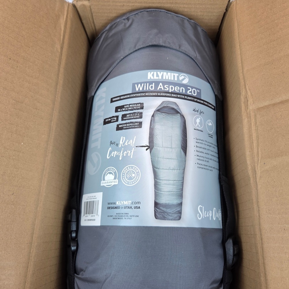 Klymit Wild Aspen 20 Regular Rectangle Sleeping Bag Green 20F 13WAWM20D NEW
